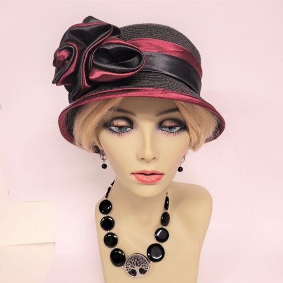 Black Dress Hat Adjustable with Red Satin Trim and Flower Rosette - One Size - Picture 3 of 15